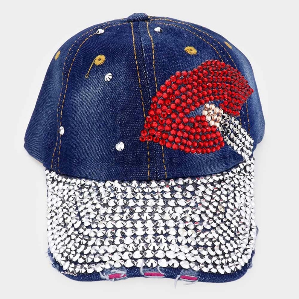 Blue Denim Silver Rhinestone LipStick Mouth Crystal Brim Baseball Cap Hat Bling